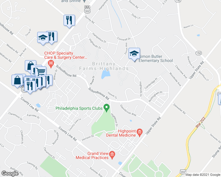 map of restaurants, bars, coffee shops, grocery stores, and more near 146 Galway Circle in Chalfont