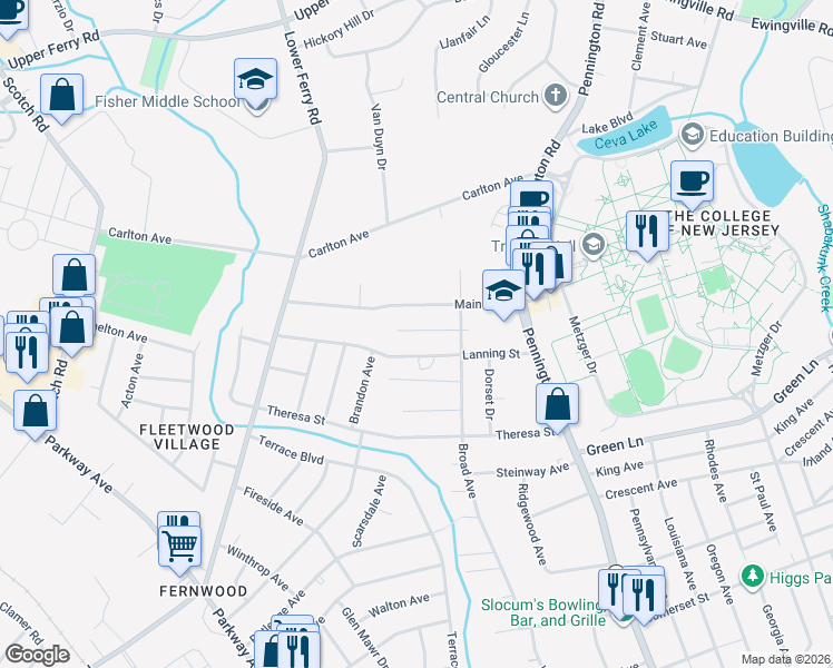 map of restaurants, bars, coffee shops, grocery stores, and more near 40 Lanning Street in Ewing Township