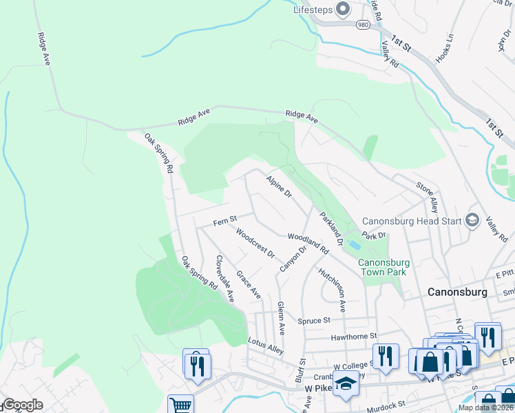 map of restaurants, bars, coffee shops, grocery stores, and more near 206 Fern Street in Canonsburg