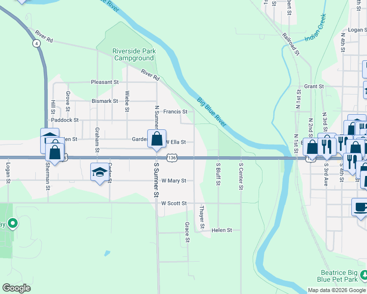 map of restaurants, bars, coffee shops, grocery stores, and more near 518 West Court Street in Beatrice