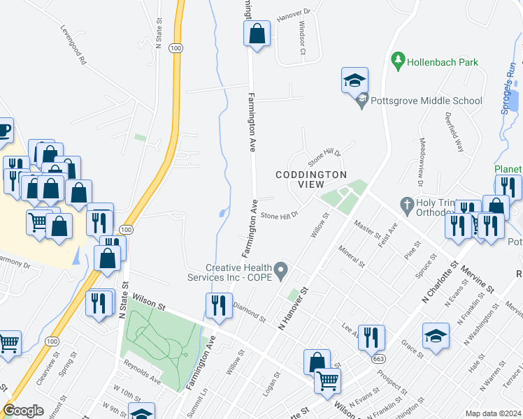 map of restaurants, bars, coffee shops, grocery stores, and more near 57 Stone Hill Drive in Pottstown