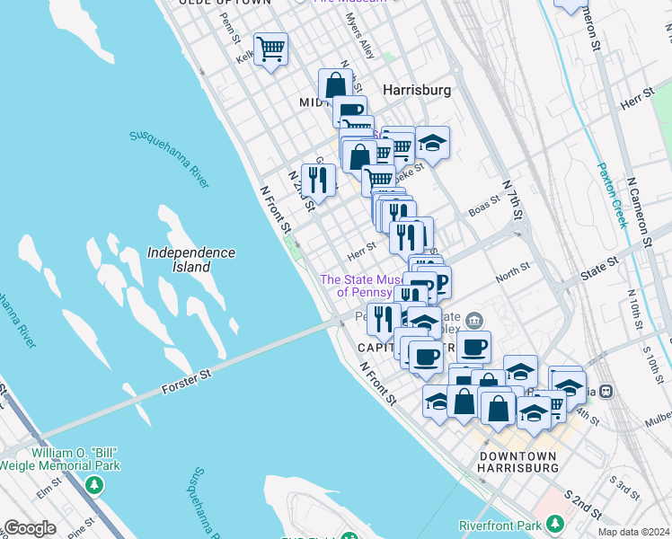 map of restaurants, bars, coffee shops, grocery stores, and more near 131 Herr Street in Harrisburg