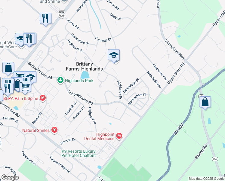 map of restaurants, bars, coffee shops, grocery stores, and more near 262 Prince William Way in Chalfont