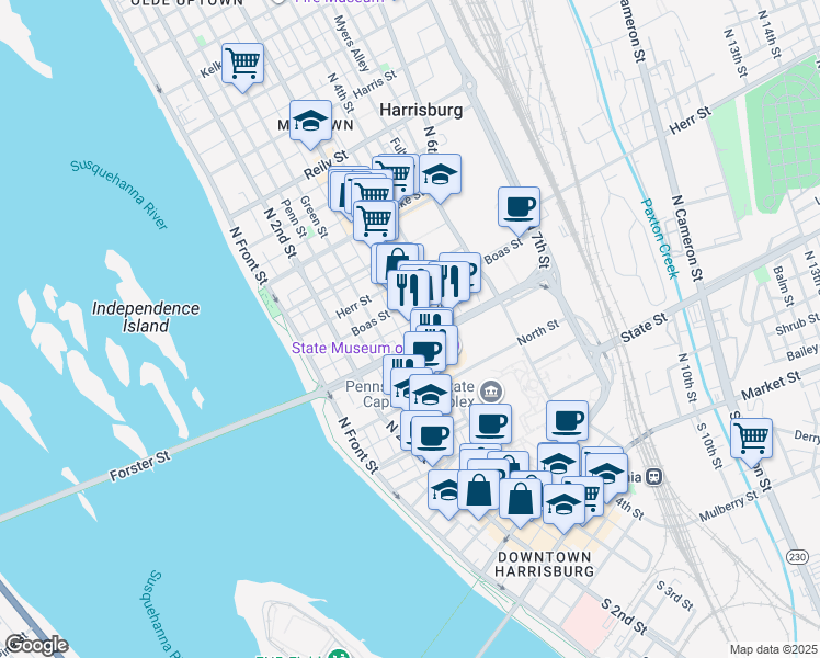 map of restaurants, bars, coffee shops, grocery stores, and more near 910 North 3rd Street in Harrisburg