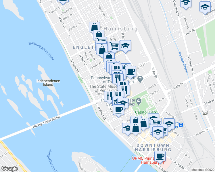 map of restaurants, bars, coffee shops, grocery stores, and more near 237 Boas Street in Harrisburg