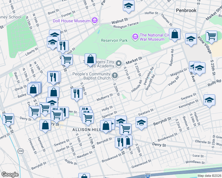 map of restaurants, bars, coffee shops, grocery stores, and more near 1941 Bellevue Road in Harrisburg