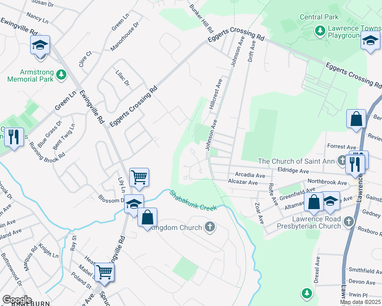 map of restaurants, bars, coffee shops, grocery stores, and more near 175 Johnson Avenue in Lawrence Township