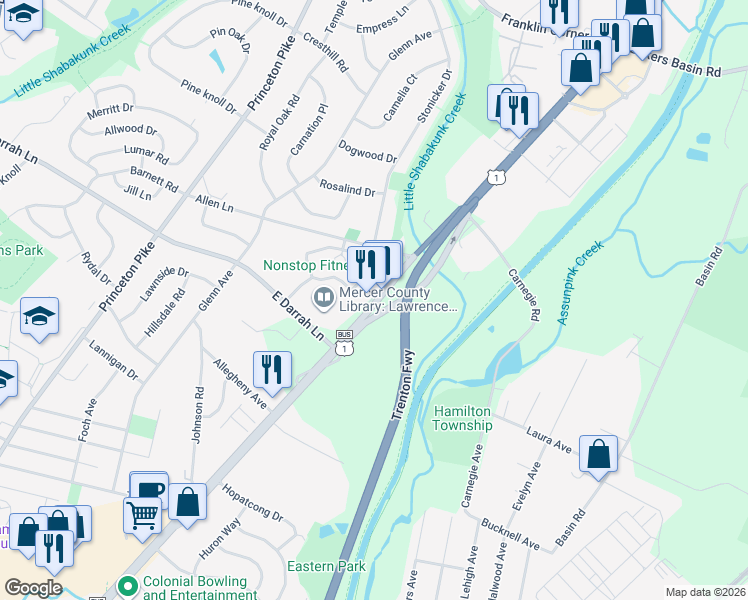 map of restaurants, bars, coffee shops, grocery stores, and more near 2795 Brunswick Pike in Lawrence Township