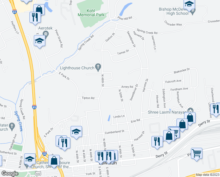 map of restaurants, bars, coffee shops, grocery stores, and more near 4807 Arney Road in Harrisburg