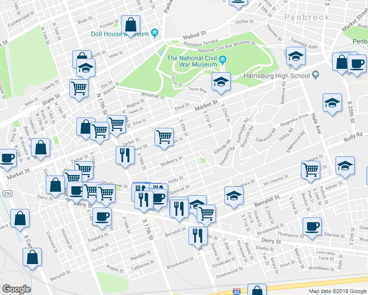 map of restaurants, bars, coffee shops, grocery stores, and more near 1947 Bellevue Road in Harrisburg