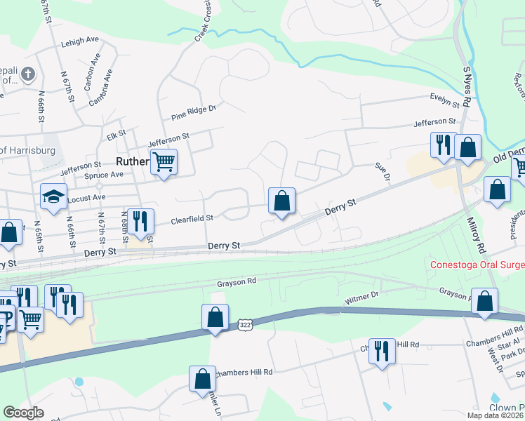 map of restaurants, bars, coffee shops, grocery stores, and more near 7267 Capital Drive in Harrisburg