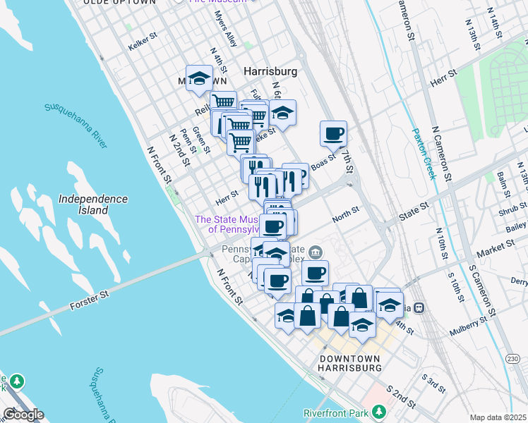 map of restaurants, bars, coffee shops, grocery stores, and more near 825 Susquehanna Street in Harrisburg