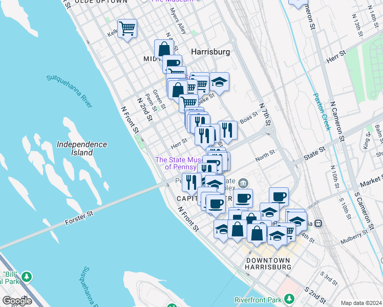 map of restaurants, bars, coffee shops, grocery stores, and more near 220 Forster Street in Harrisburg