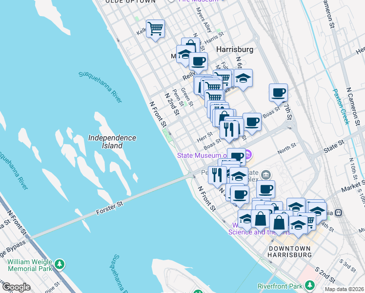 map of restaurants, bars, coffee shops, grocery stores, and more near in Harrisburg