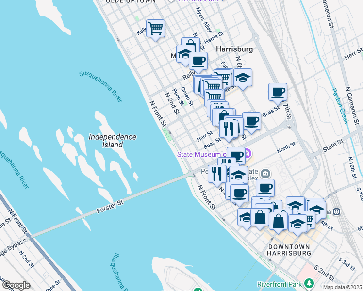 map of restaurants, bars, coffee shops, grocery stores, and more near in Harrisburg