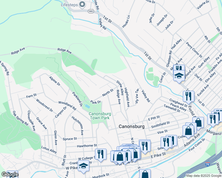 map of restaurants, bars, coffee shops, grocery stores, and more near 9 North Street in Canonsburg