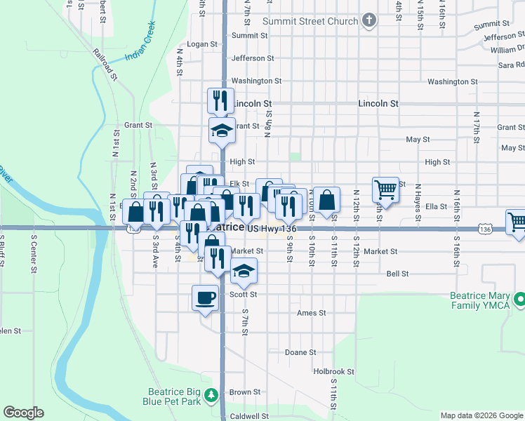 map of restaurants, bars, coffee shops, grocery stores, and more near 800 Court Street in Beatrice