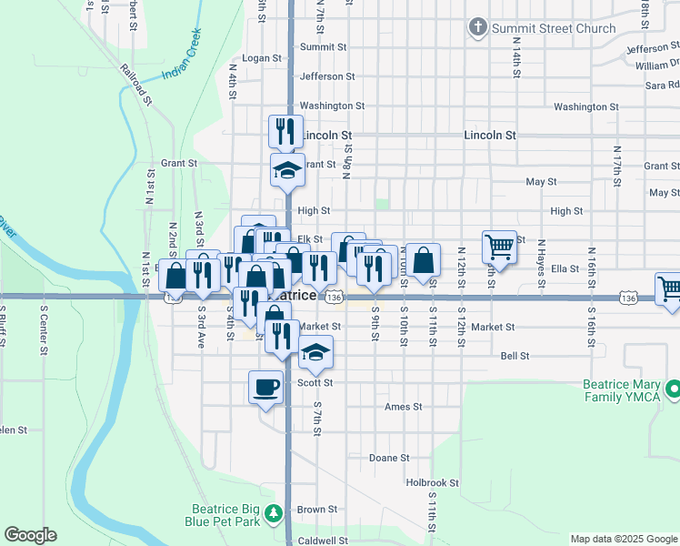 map of restaurants, bars, coffee shops, grocery stores, and more near 800 Court Street in Beatrice