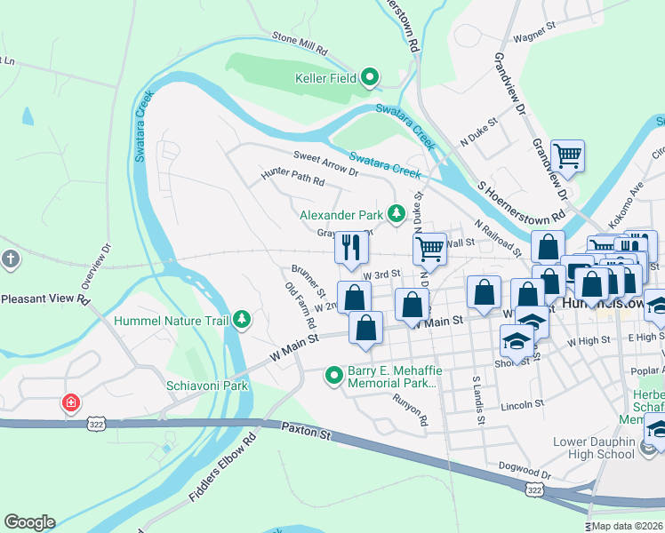map of restaurants, bars, coffee shops, grocery stores, and more near 107 Brunner Street in Hummelstown