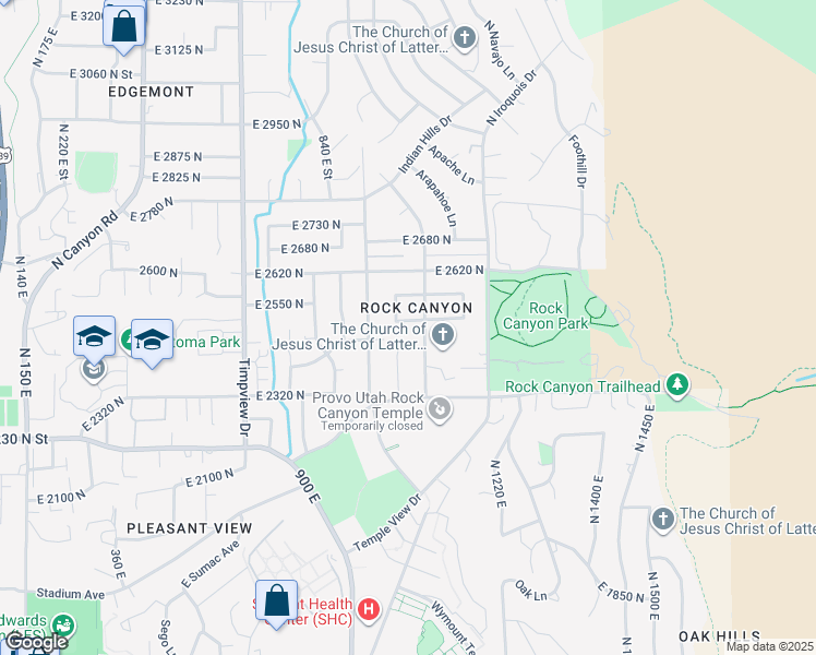 map of restaurants, bars, coffee shops, grocery stores, and more near 1028 East 2500 North Street in Provo