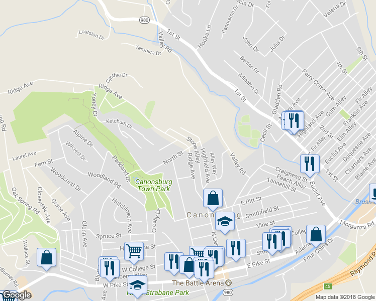map of restaurants, bars, coffee shops, grocery stores, and more near 447 Ridge Avenue in Canonsburg