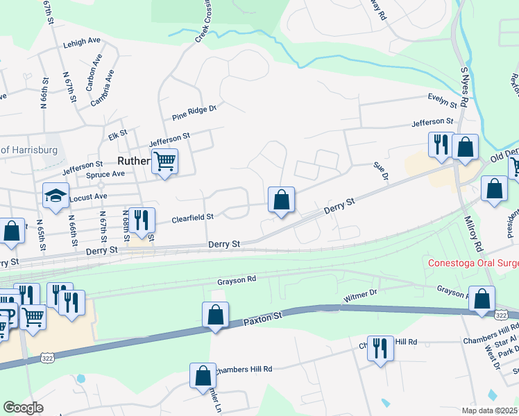 map of restaurants, bars, coffee shops, grocery stores, and more near 7323 Clearfield Street in Harrisburg