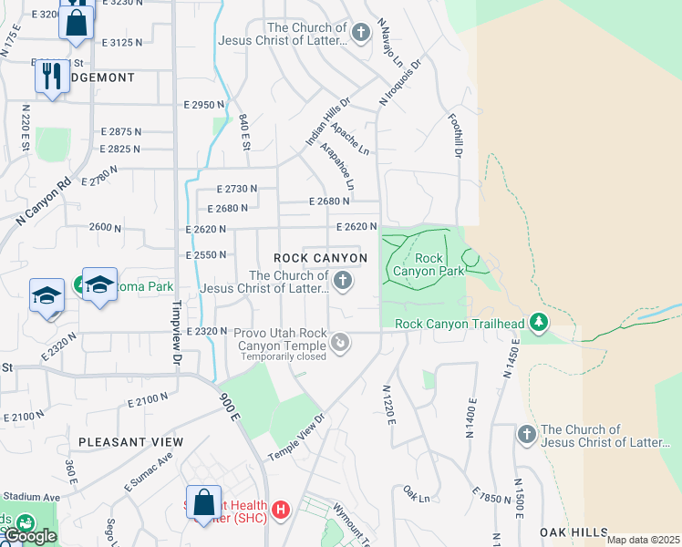 map of restaurants, bars, coffee shops, grocery stores, and more near 1096 East 2500 North Street in Provo