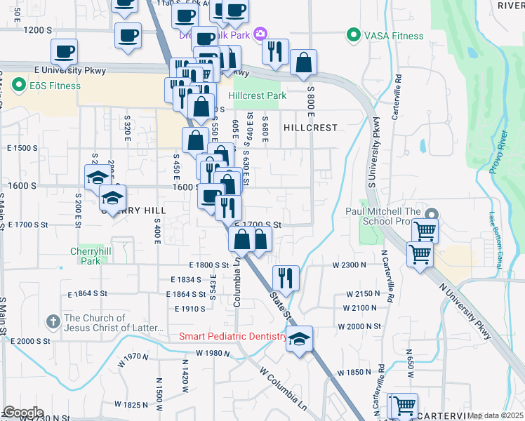 map of restaurants, bars, coffee shops, grocery stores, and more near 654 1600 south in Orem