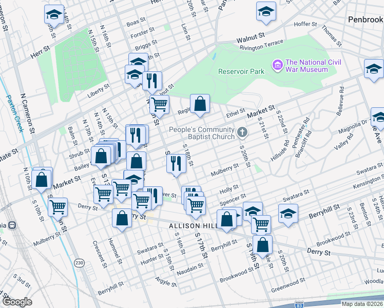 map of restaurants, bars, coffee shops, grocery stores, and more near 1803 Market Street in Harrisburg