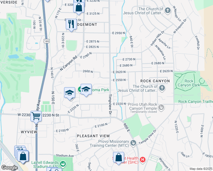 map of restaurants, bars, coffee shops, grocery stores, and more near 614 East Normandy Drive in Provo