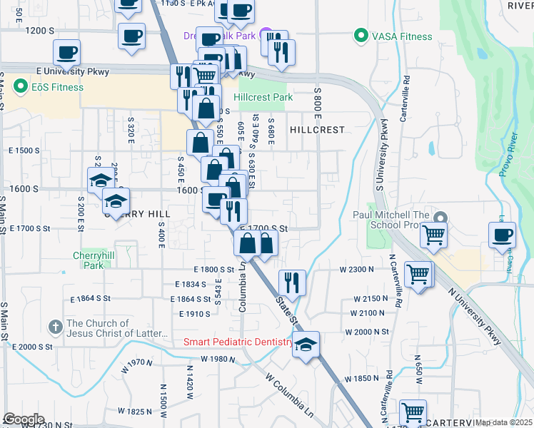 map of restaurants, bars, coffee shops, grocery stores, and more near 654 1600 south in Orem