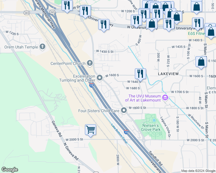 map of restaurants, bars, coffee shops, grocery stores, and more near 1611 Sandhill Road in Orem