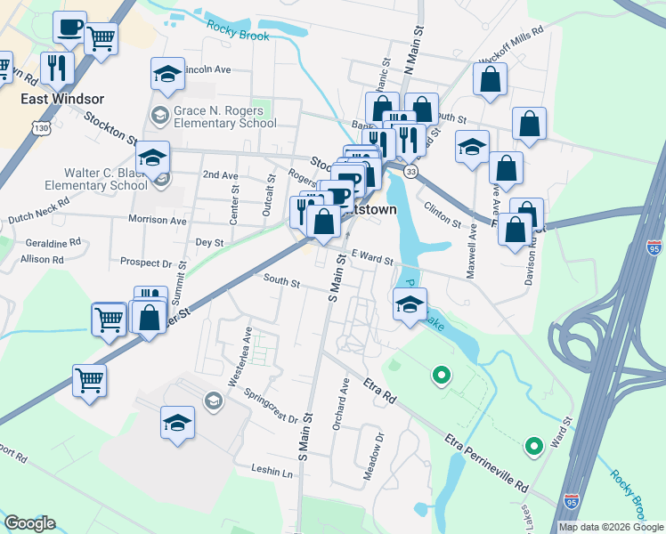 map of restaurants, bars, coffee shops, grocery stores, and more near 170 South Main Street in Hightstown