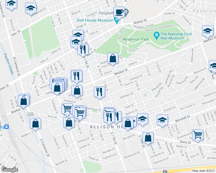 map of restaurants, bars, coffee shops, grocery stores, and more near 1803 Market Street in Harrisburg