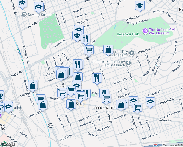 map of restaurants, bars, coffee shops, grocery stores, and more near 1708 Market Street in Harrisburg