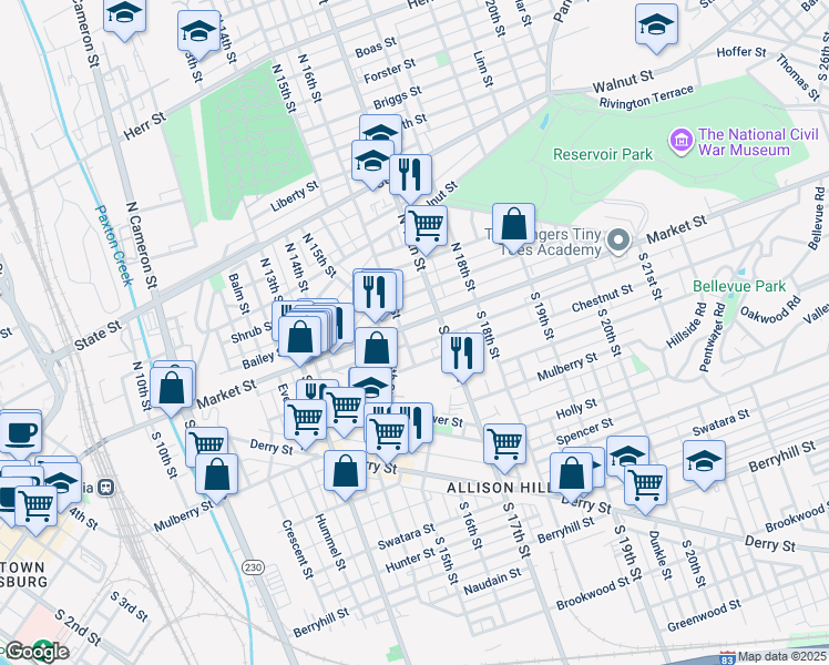 map of restaurants, bars, coffee shops, grocery stores, and more near 1613 Park Street in Harrisburg