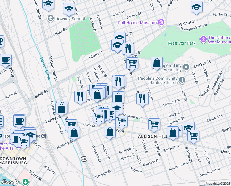 map of restaurants, bars, coffee shops, grocery stores, and more near 34 North 15th Street in Harrisburg