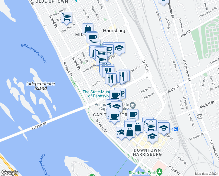 map of restaurants, bars, coffee shops, grocery stores, and more near in Harrisburg
