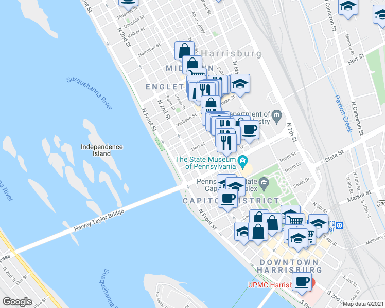 map of restaurants, bars, coffee shops, grocery stores, and more near 1110 Penn Street in Harrisburg