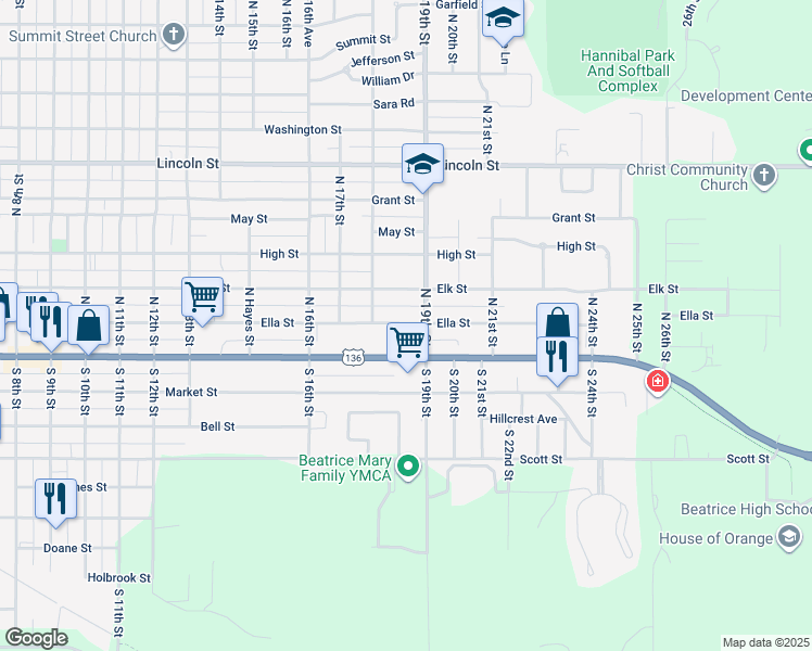 map of restaurants, bars, coffee shops, grocery stores, and more near 1813 Elk Street in Beatrice