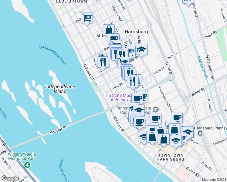 map of restaurants, bars, coffee shops, grocery stores, and more near 1009 North 2nd Street in Harrisburg