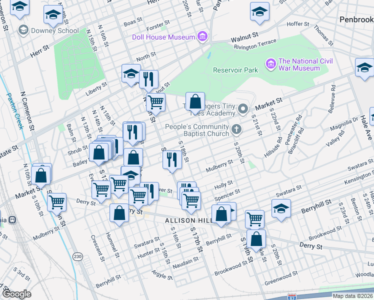 map of restaurants, bars, coffee shops, grocery stores, and more near 1803 Market Street in Harrisburg