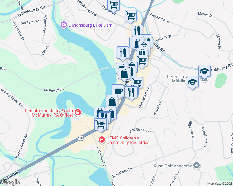 map of restaurants, bars, coffee shops, grocery stores, and more near 108 Waterside Drive in McMurray