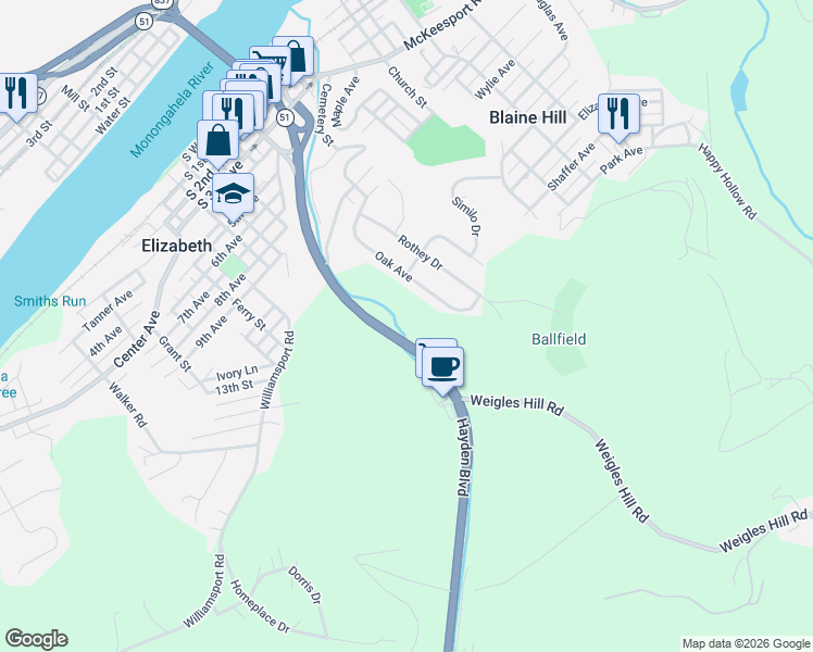 map of restaurants, bars, coffee shops, grocery stores, and more near 825 Hayden Boulevard in Elizabeth