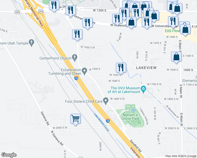 map of restaurants, bars, coffee shops, grocery stores, and more near 558 West 1700 South Street in Orem