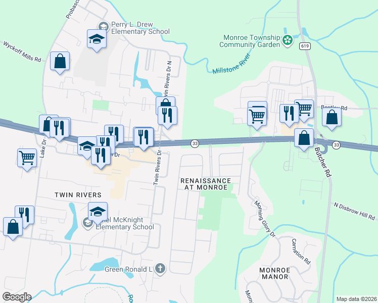 map of restaurants, bars, coffee shops, grocery stores, and more near 129 Valencia Drive in Monroe Township
