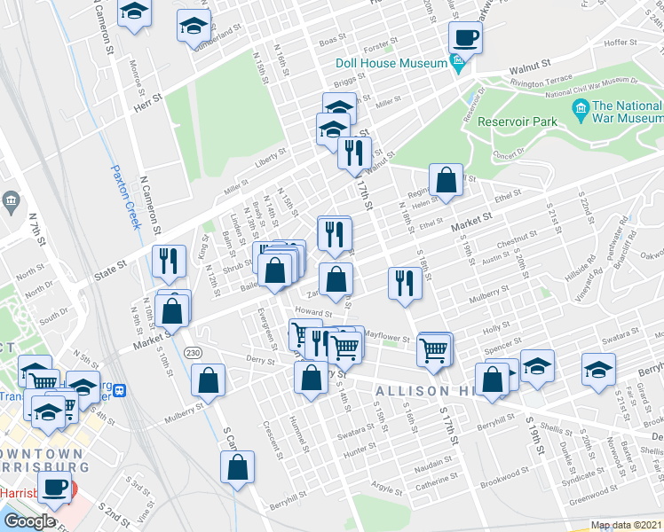 map of restaurants, bars, coffee shops, grocery stores, and more near 1454 Market Street in Harrisburg