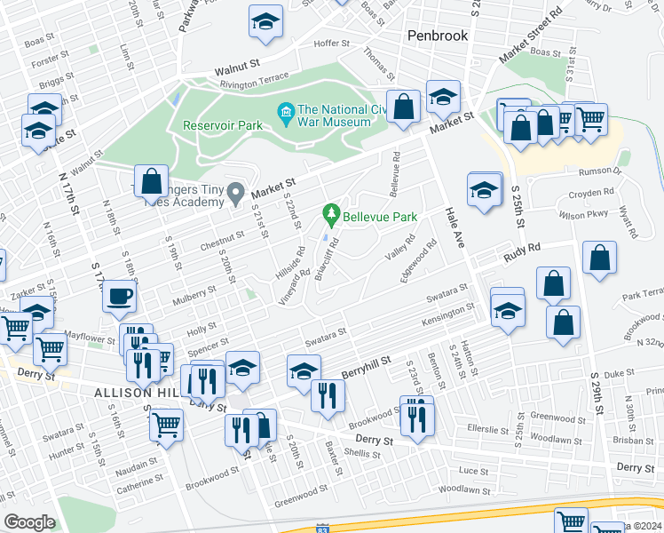 map of restaurants, bars, coffee shops, grocery stores, and more near 201 Briar Cliff Road in Harrisburg