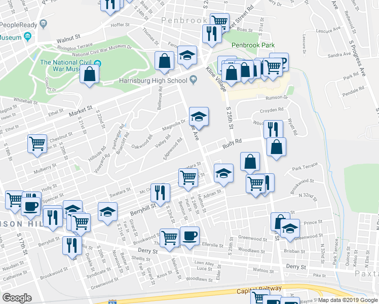 map of restaurants, bars, coffee shops, grocery stores, and more near 2426 Rudy Road in Harrisburg
