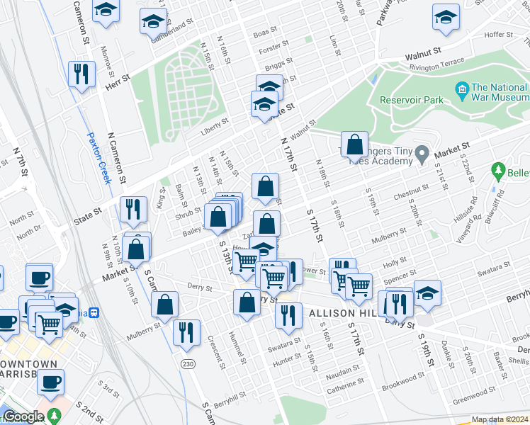 map of restaurants, bars, coffee shops, grocery stores, and more near 1456 Market Street in Harrisburg